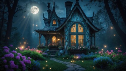 Fototapeta premium Magical fantasy house featuring a window in an enchanted forest, with a fabulous blooming flower garden and fireflies against a mysterious background, illuminated by moon rays at night.