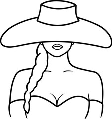 Silhouette of Woman in Hat with Long Braid, Upper Body, Concept of Elegance, Style, Feminine Fashion, Minimalism, and Timeless Beauty.

