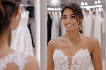 Naklejka premium The radiant bride admires her reflection while trying on a meticulously detailed wedding dress, capturing the essence of beauty and anticipation for her big day.