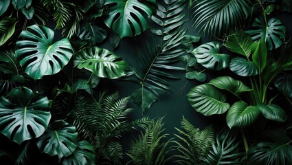 Fototapeta premium Background of dark green tropical leaves (monstera, palm, coconut leaf, fern, palm leaf, banana leaf) in a panoramic view. Concept of nature.