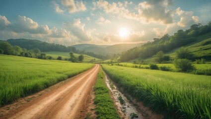 Fototapeta premium Landscape of gravel road in the countryside featuring a meadow. Road during the rainy season. Side view of a dirt road within a forest.