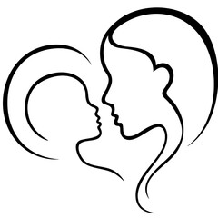 two faces turned towards each other, one representing a young mother and the other a smaller child, with heart-shaped lines forming around them, symbolizing maternal love and connection.