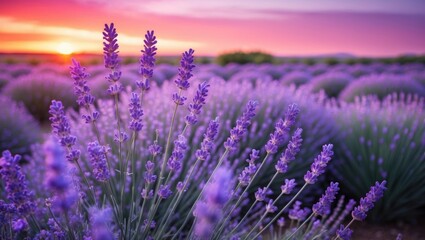 Obraz premium Lavender field. Blooming violet-scented lavender plants. Growing lavender swaying in the breeze at sunset, harvest.