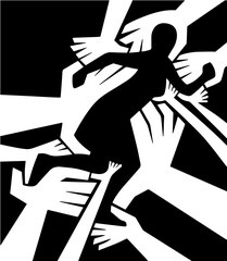 Black-and-white graphic illustration symbolizing depression with a dark figure at the center, surrounded by reaching white hands, representing emotional distress, isolation, and hopelessness