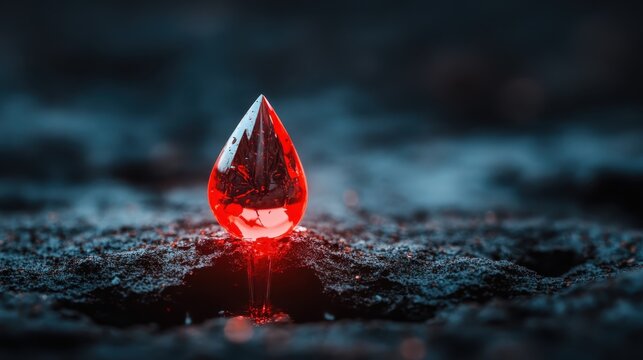 A striking red teardrop water droplet stands poised against a textured surface, capturing light and reflecting vivid colors that represent passion and intensity.