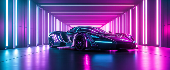 Fototapeta premium Sleek black sports car in neon-lit tunnel, showcasing futuristic design and vibrant color contrast. Represents speed, technology, and modern luxury