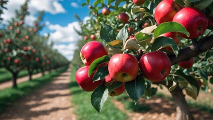 Obraz premium Ripe Red Apples hanging from branches with green leaves and a blurred background of fruit trees and a path.