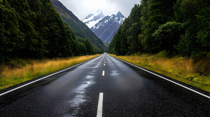 Wet Asphalt Road Leading Towards Majestic Mountain Peaks Through Lush Green Forest in Fiordland New Zealand After Rain