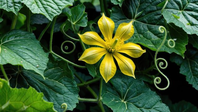 Yellow blooming pumpkin plant flower surrounded by leaves in a home garden. - Powered by Adobe