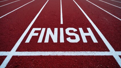 Inscription of finish on asphalt. Area for running. Line of finish. Motivational backdrop. The word finish displayed on red asphalt.