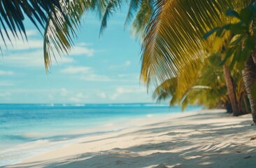 Tropical Beach Paradise: Lush Palm Trees Frame Tranquil Seascape