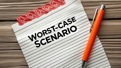 Pen on wooden surface beside a note stating RISK MANAGEMENT STRATEGY, PLANNING FOR POSSIBLE DISASTERS OR MOST SEVERE OUTCOME TO PREPARE AND REDUCE DAMAGES.