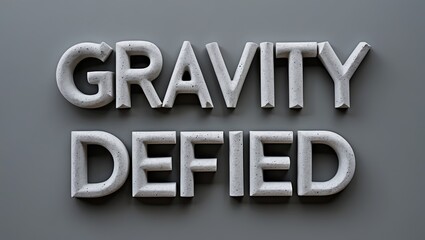 Text reading 'Gravity Defied' displayed in bold, speckled letters against a smooth gray background, creating a modern and striking visual effect