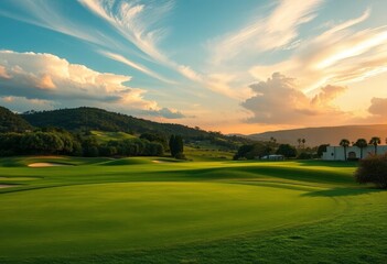 Serene Sunset Vista Over Lush Green Rolling Fairway and Distant Hills