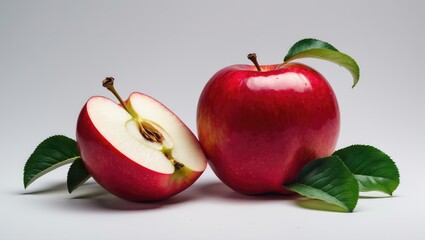 Ripe red apple fruit with a slice and leaves set against a white background. Simple to select object.