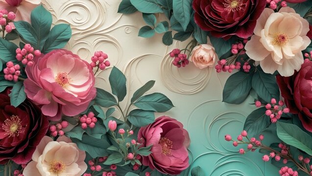 Floral pattern all over - elements on background; suitable for wrappers, wallpapers, postcards, greeting cards, wedding invitations, and romantic occasions.