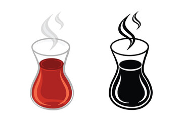 Vector silhouette and colorful hot Turkish tea cup in plate with sugar isolated Turkish tea cup on white background. Glass of tea cup. Graphic design element. Traditional drink in Turkey. 