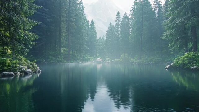 A procedural generated landscape of a misty river with reflective water surface surrounded by dense forest.