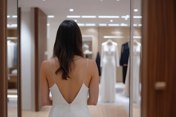 A bride looks thoughtfully in the mirror while trying on her wedding gown, symbolizing the blend of beauty, hope, and meaningful choices for her upcoming marriage.