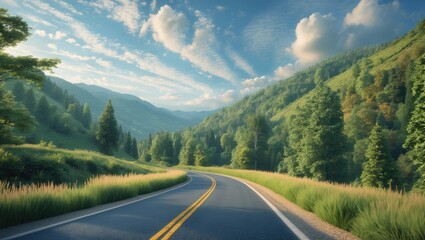 Fototapeta premium Scenic rural road in the Mountains adjacent to a Lake