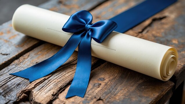 Rolled diploma of a student with blue ribbon on a table, closeup