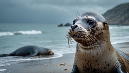 sea lion portrait seal on the shore