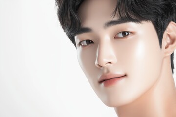 Obraz premium A close-up portrait of a young Korean man with smooth skin and a confident expression, set against a light background.
