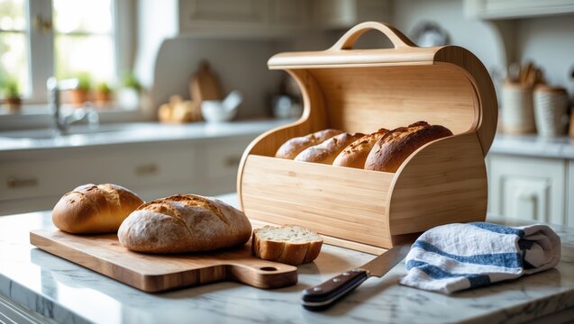 Wooden bread basket containing freshly baked loaves and a knife on a white marble countertop in the kitchen.