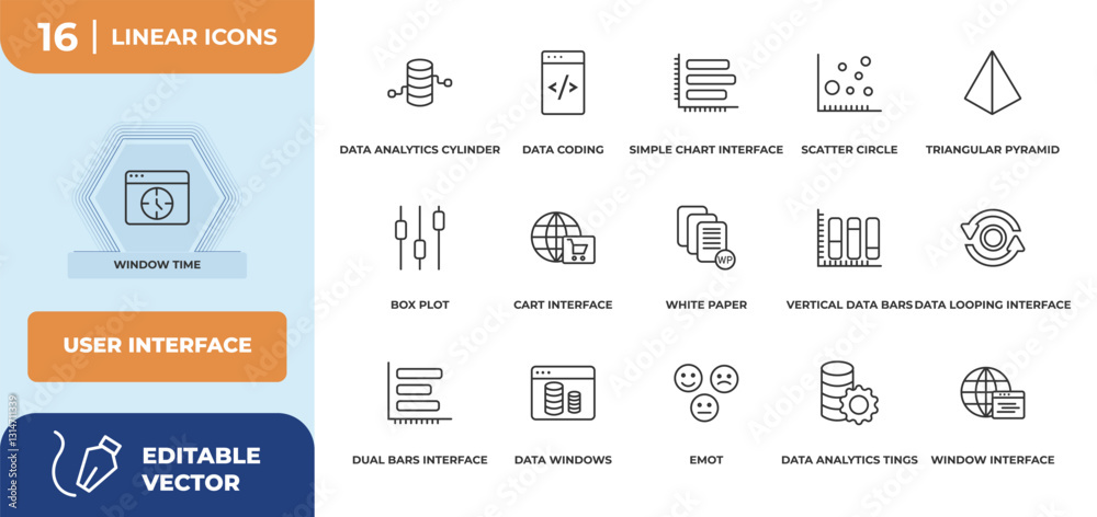 Poster outline icons set - user interface concept. window time, data analytics cylinder and more.
