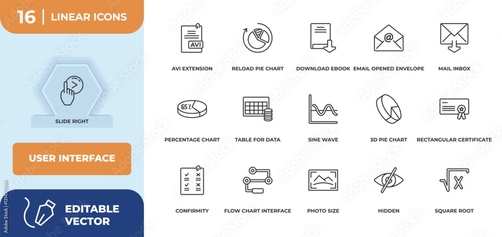 Poster outline icons set - user interface concept. slide right, avi extension and more.