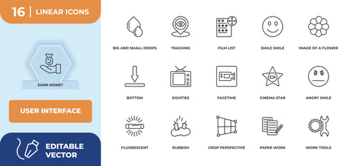 outline icons set - user interface concept. earn money, big and small drops and more.