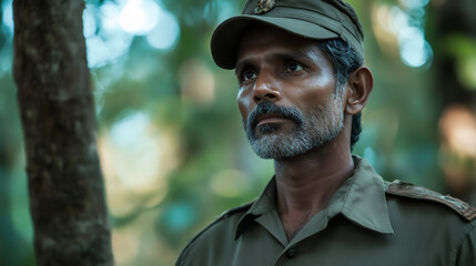 Obraz premium Portrait of confident mature indian park ranger wearing uniform and cap patrolling in tropical forest in India or Sri Lanka