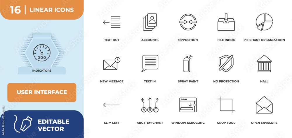 Poster outline icons set - user interface concept. indicators, text out and more.