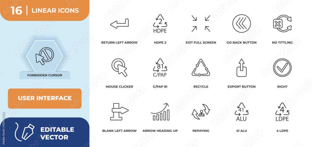 Poster outline icons set - user interface concept. forbidden cursor, return left arrow and more.