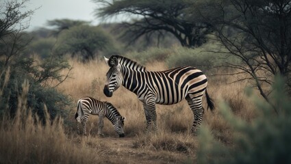 Zebra mother and her baby calf feeding in the tall grass, bushes, and trees.