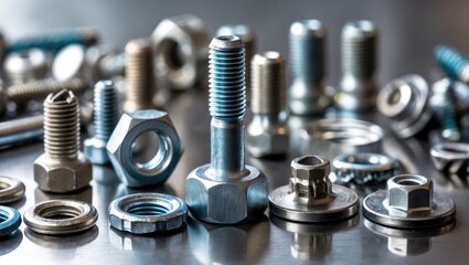 Set of various nuts, bolts, screws, washers, and drill bits, along with thread taps and mill cutters on a steel plate background.