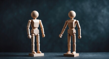 Concept of assertiveness and confidence. Two wooden figures on a dark surface.
