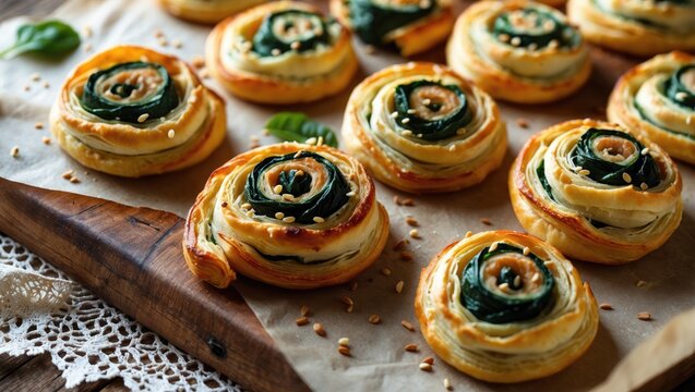 Savory Puff Pastry Pinwheels filled with salmon, cheese, and spinach on parchment paper, close-up view.