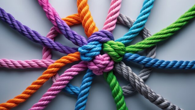 Central network connection business concept represented as a collection of diverse ropes linked to a central rope, serving as a network metaphor for connectivity and connection to a centralized sup...