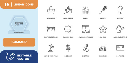 outline icons set - summer concept. plane ticket, beach bag and more.
