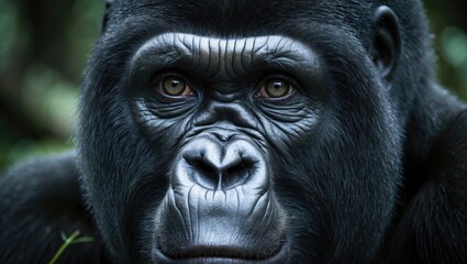 Obraz premium A close-up image of the face of a large female gorilla with black fur. Gorillas are the largest living primates and are herbivorous apes.