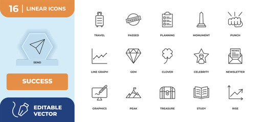 outline icons set - success concept. send, travel and more.