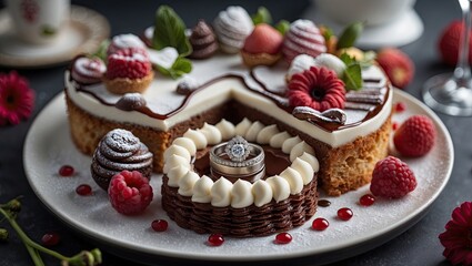 Deliciously decorated chocolate and cream cake with raspberries, mint leaves, and edible flowers, perfect for celebrations