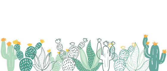 Beautiful different types and colors of vector prickly cactus banner design template on white background. Dessert and hot weather tropical plants design. Cute cactus. Succulents and cacti flower.