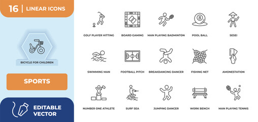 outline icons set - sports concept. bicycle for children, golf player hitting and more.