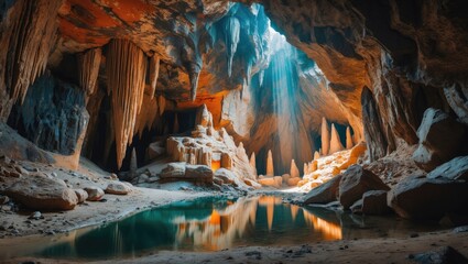 Stunning stalagmite mirrored in water within Cave at National Park.