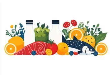 Healthy food set. Vegetables, fruits, milk, mushrooms and fish collection. Natural organic nutrition