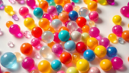 A vibrant collection of multicolored translucent spheres scattered on a pristine white surface, showcasing a delightful array of bright hues and subtle variations in texture.