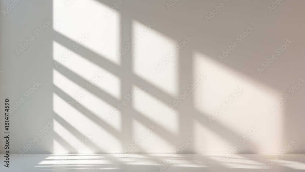 Poster Overlay effect for images and mockups. Organic drop diagonal shadow and rays of light coming from a window on a white wall. Shadows for natural lighting effects.