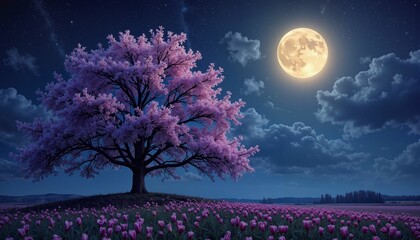 Blooming cherry tree under full moon in starry night sky